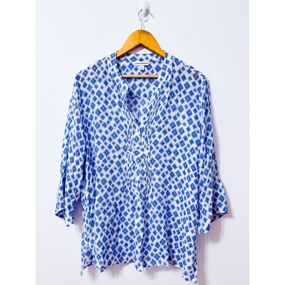 COUNTERPARTS Blue White Geometric Semi-Sheer Bell Sleeve Blouse X-Large